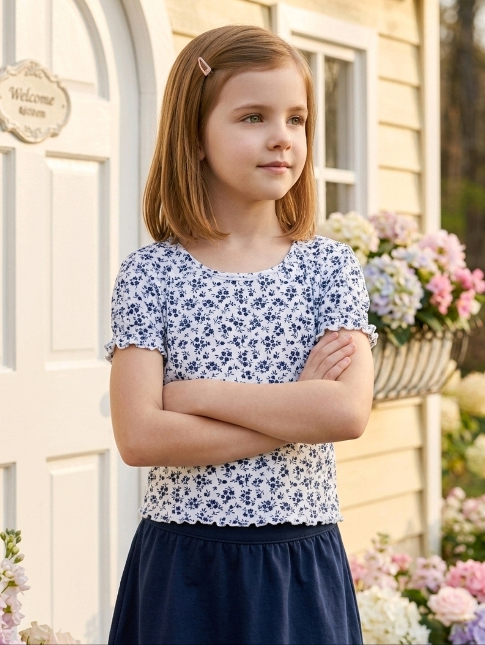 NWT thereabouts White with Navy Blue Floral Print Ruffle Hem And Sleeves Top